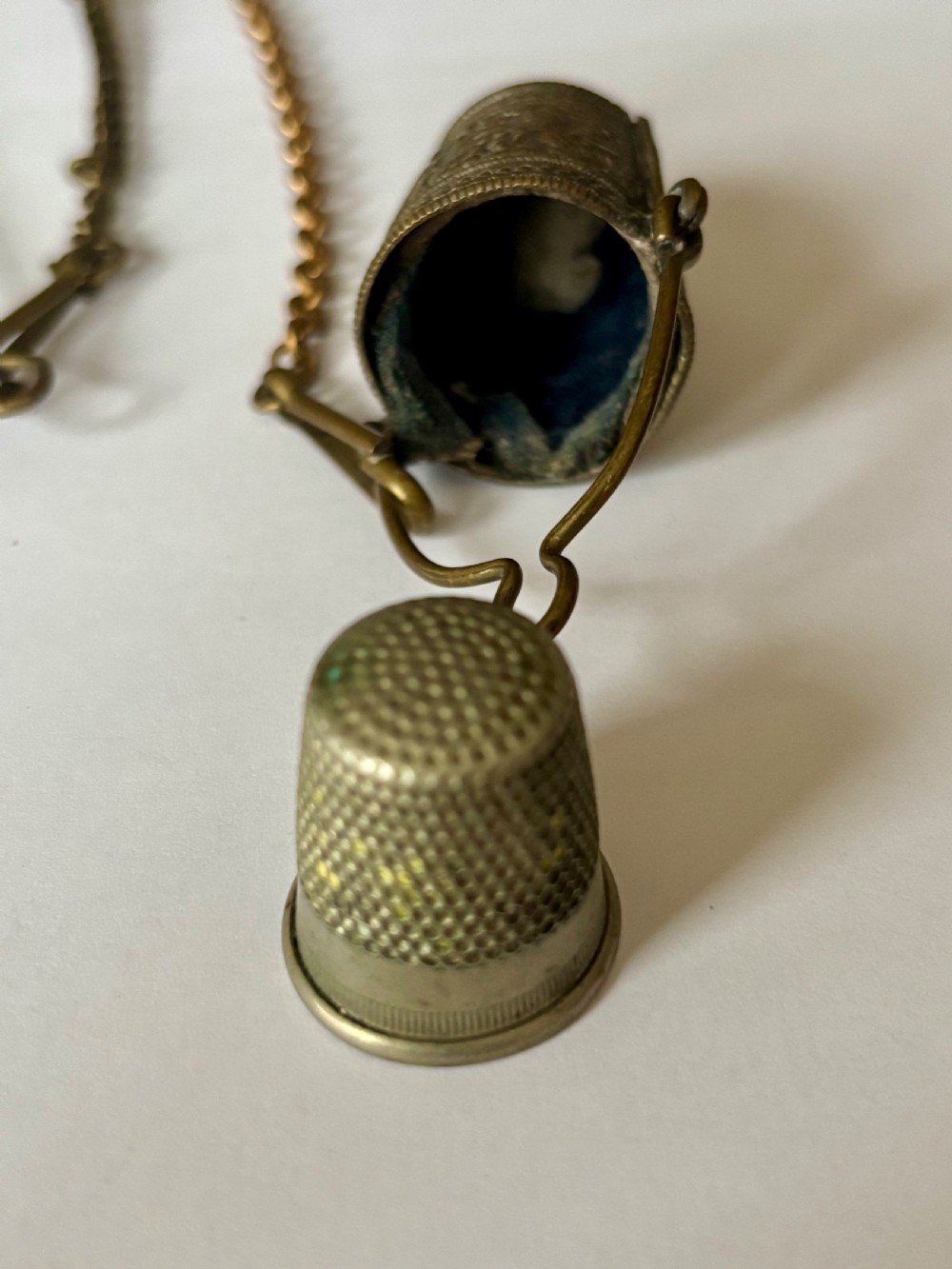 Victorian 19th Century Gilt Metal Chatelain Flowers & Foliage Thimble Scissors View VIII