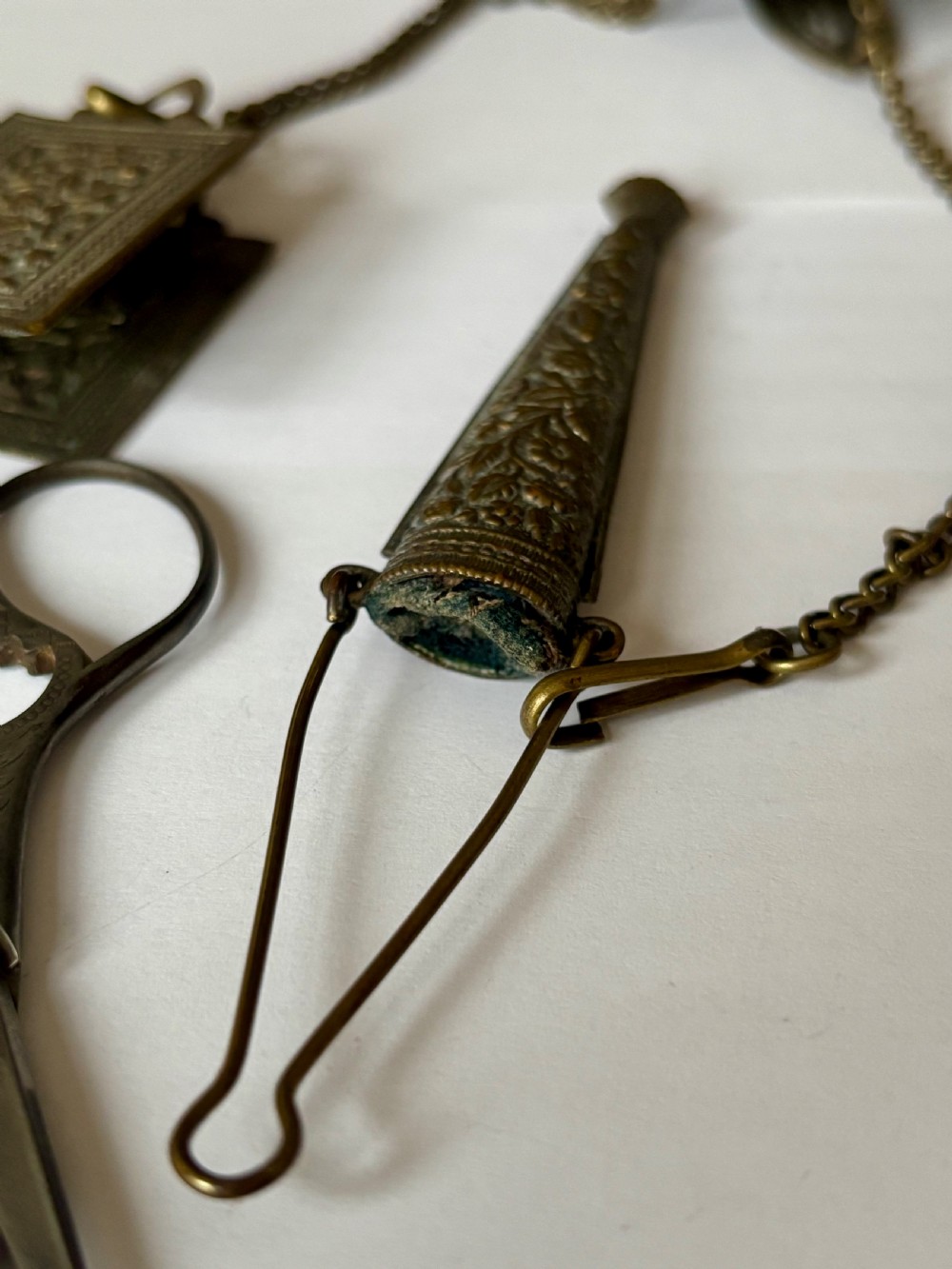 Victorian 19th Century Gilt Metal Chatelain Flowers & Foliage Thimble Scissors View IX