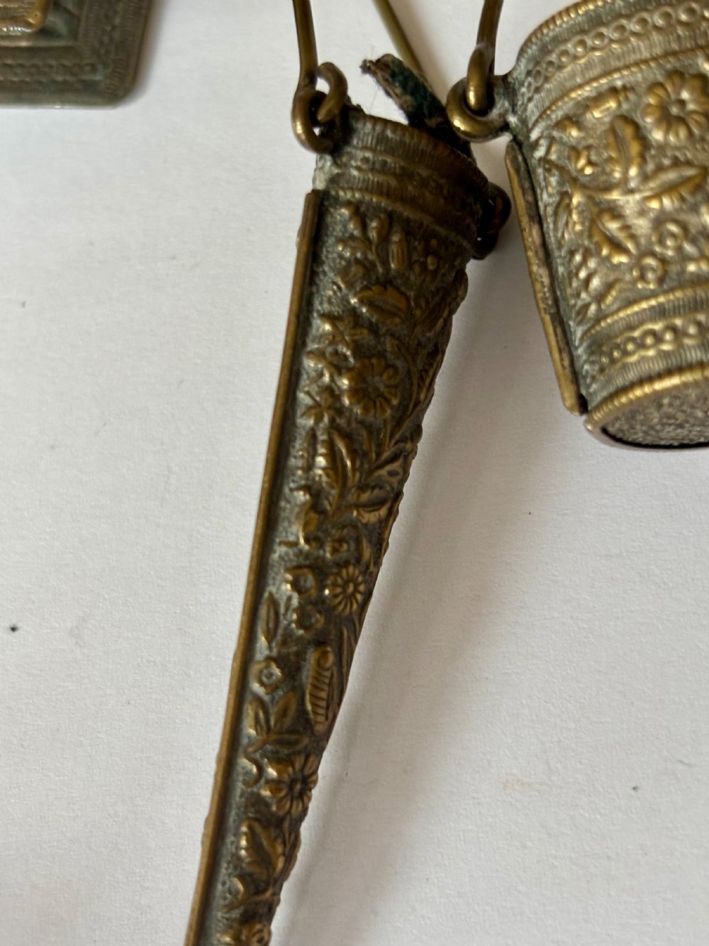 Victorian 19th Century Gilt Metal Chatelain Flowers & Foliage Thimble Scissors View XII