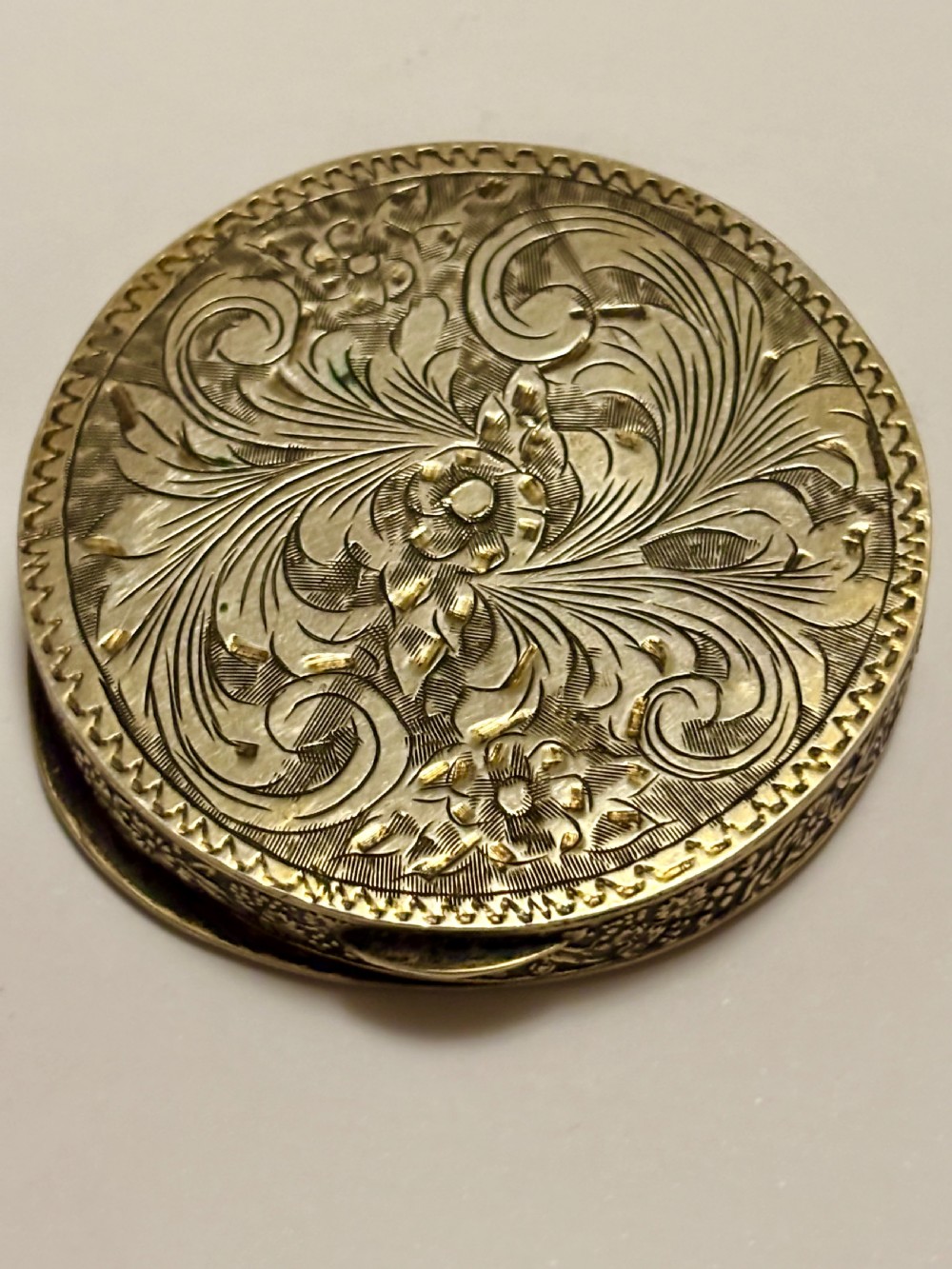 A circular vintage Italian 800 silver powder compact featuring a hand-painted enamel scene of harvest workers framed by a cobalt blue enamel border. View VIII