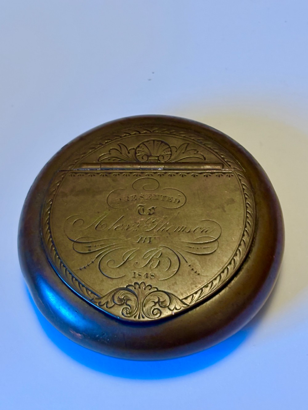An Early Victorian Bronze Metal presentation table snuff box dated 1848 144g