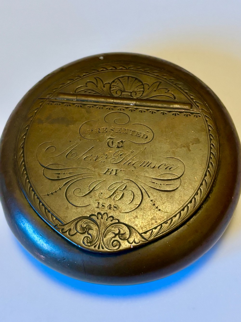 An Early Victorian Bronze Metal presentation table snuff box dated 1848 144g View VIII