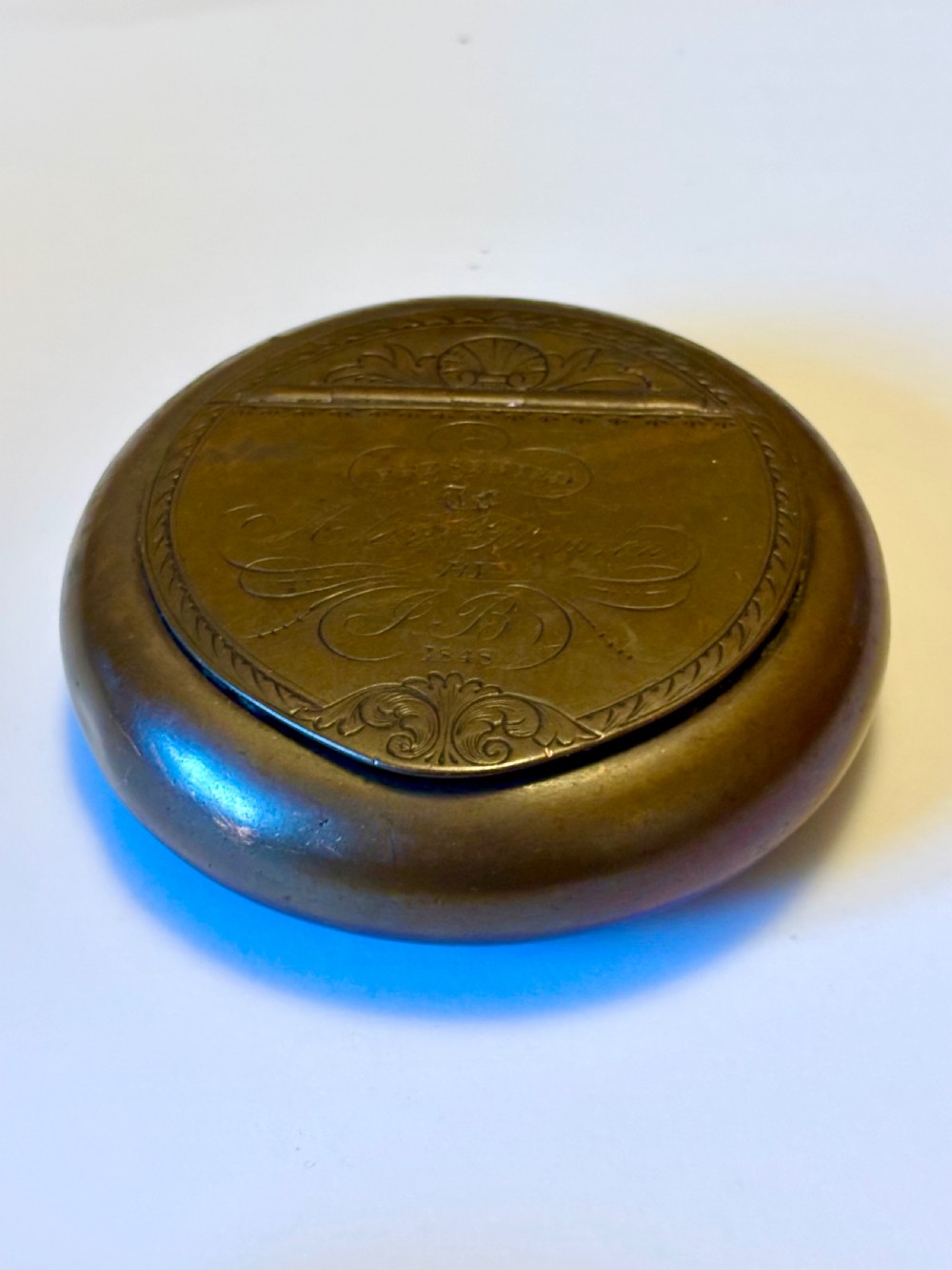 An Early Victorian Bronze Metal presentation table snuff box dated 1848 144g View IX