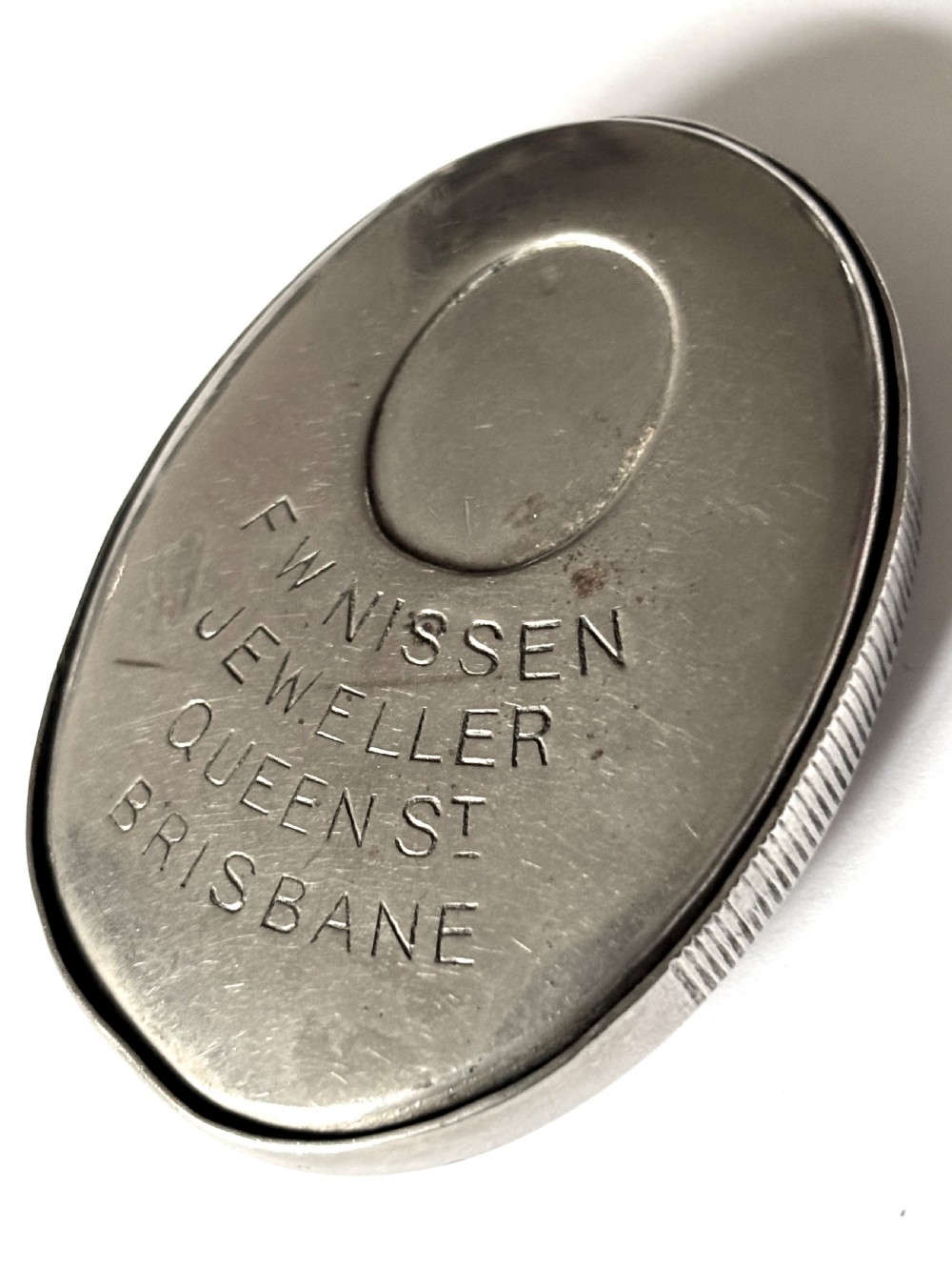 Antique Vintage Novelty Metal Vesta Case FW NISSEN BRISBANE Australia JW Benson View III