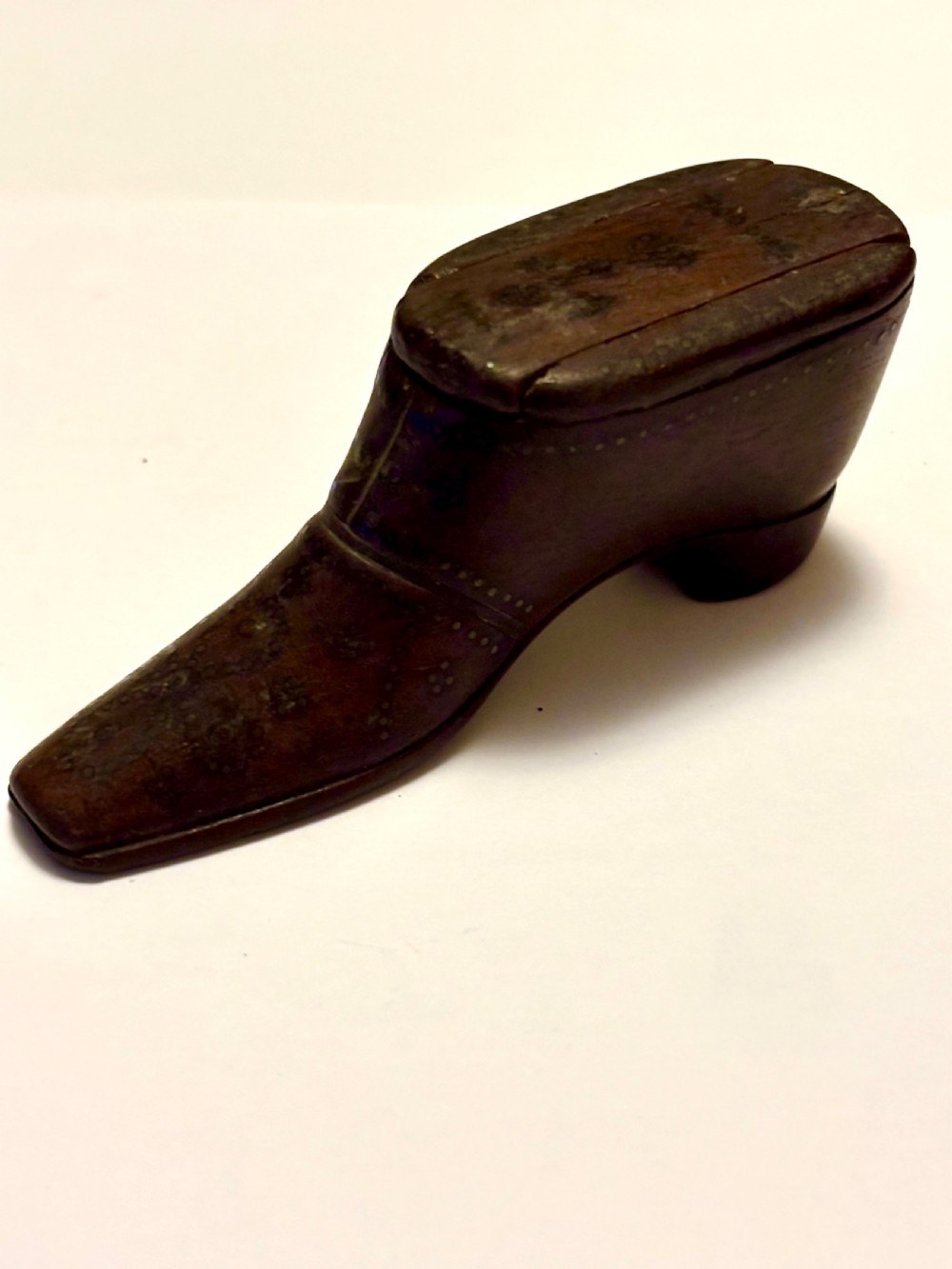 Antique 19th Century Mahogany & Pique Decoration Shoe Boot Snuff Box View II