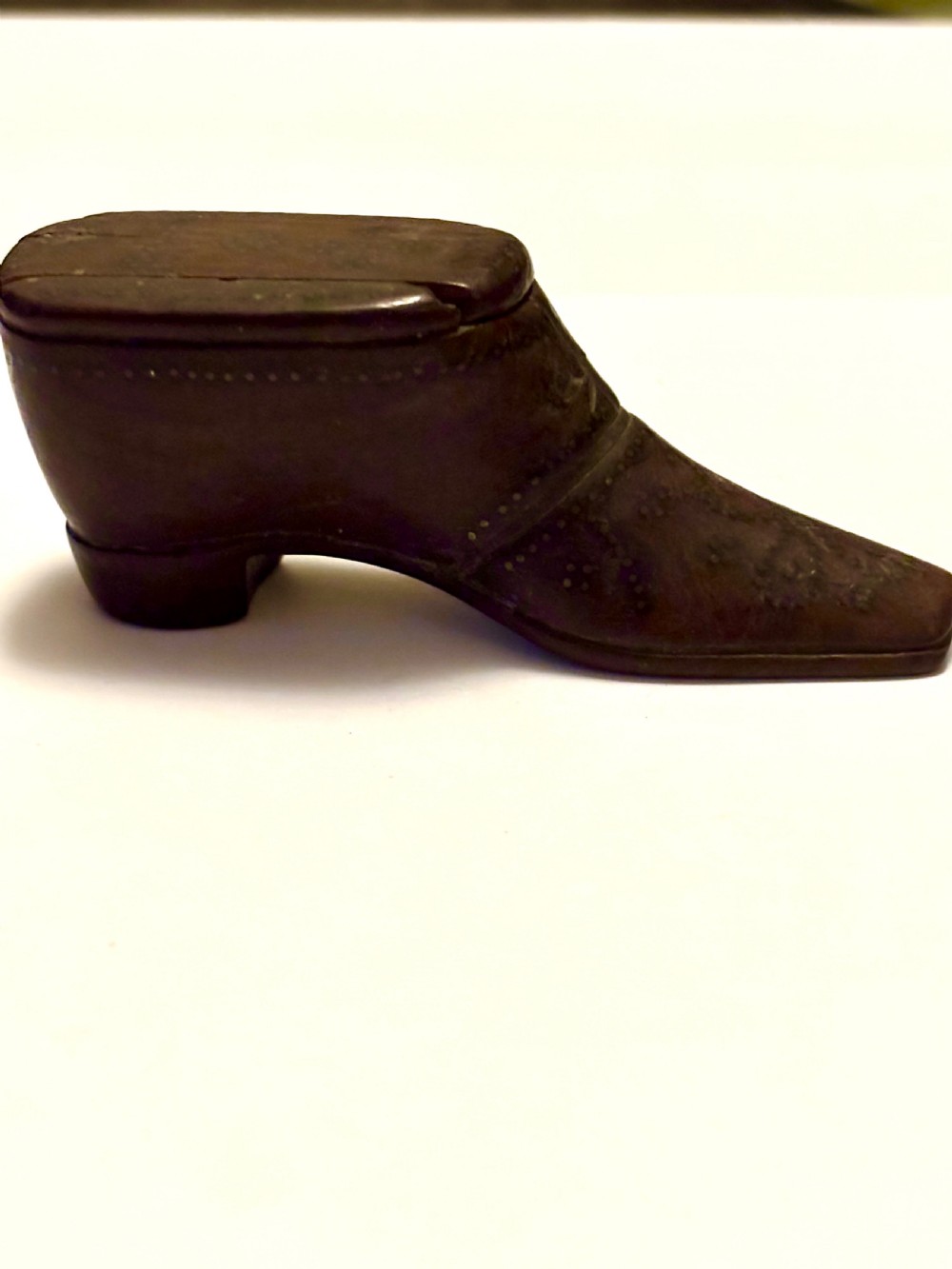 Antique 19th Century Mahogany & Pique Decoration Shoe Boot Snuff Box View IV