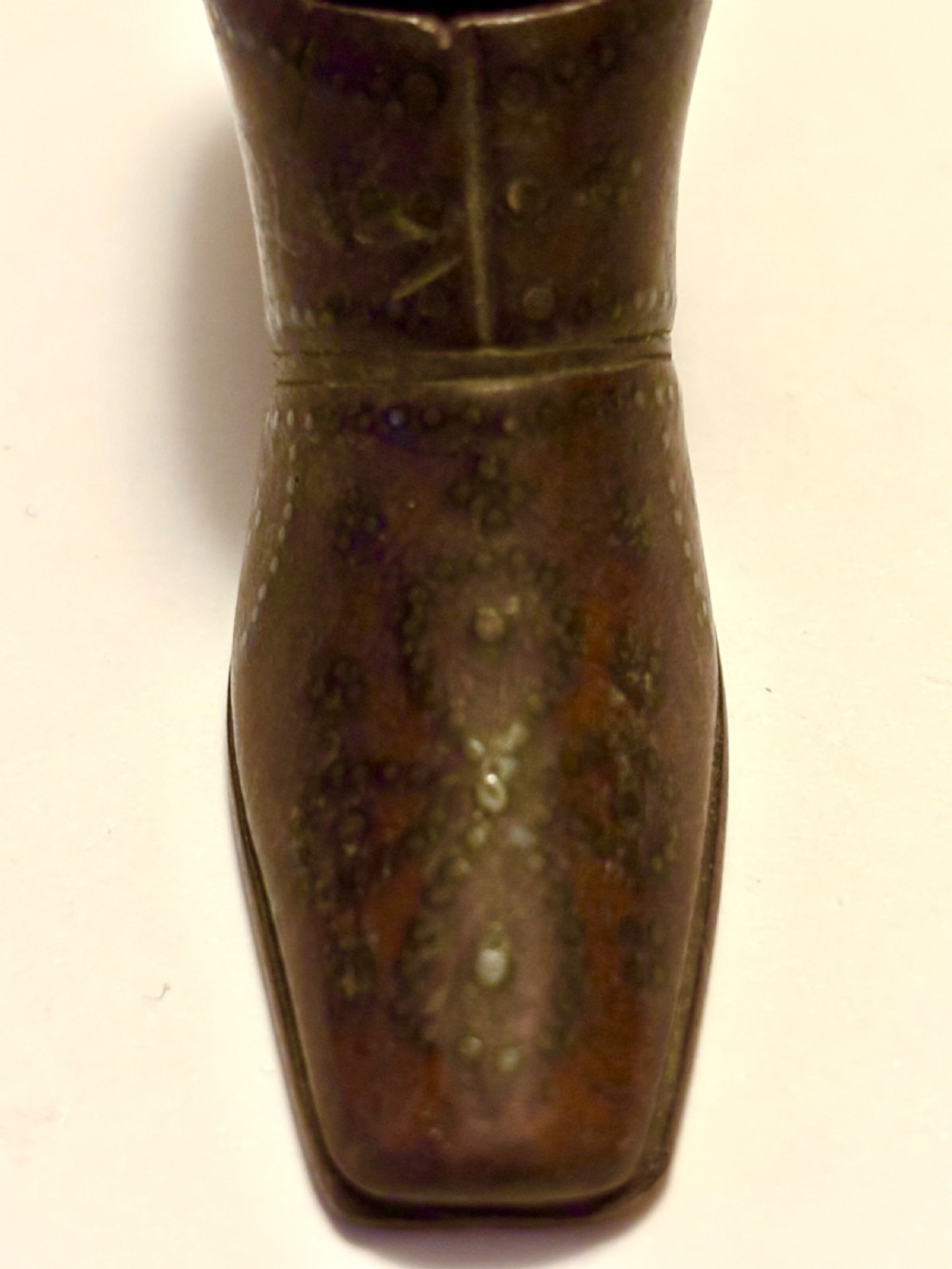 Antique 19th Century Mahogany & Pique Decoration Shoe Boot Snuff Box View X
