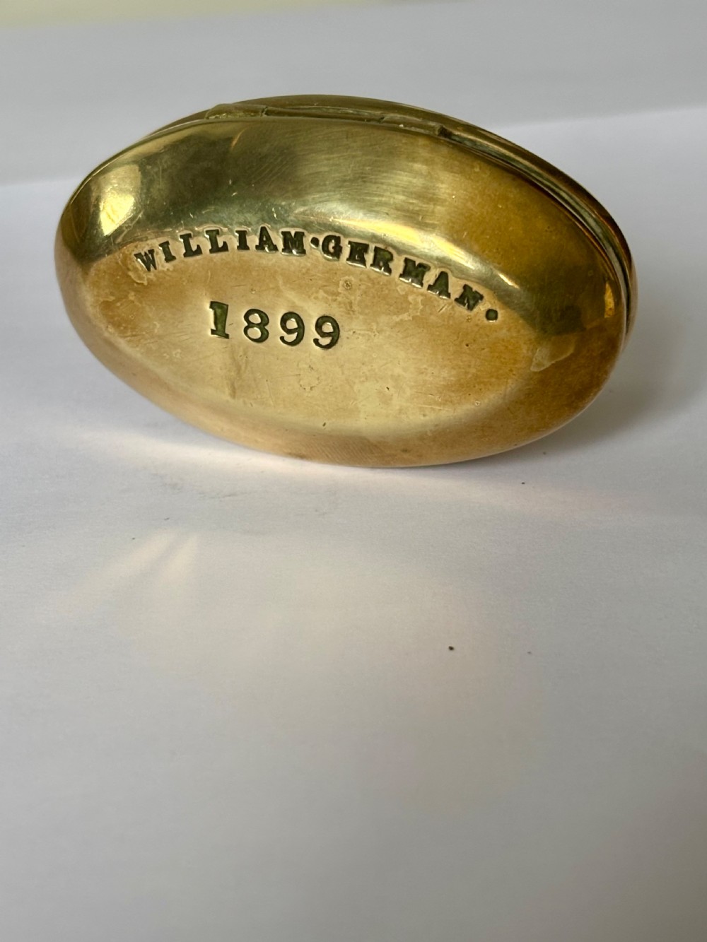 A Victorian 19th Century Brass Miners Chewing Tobacco Box WILLIAM GERMAN 1899