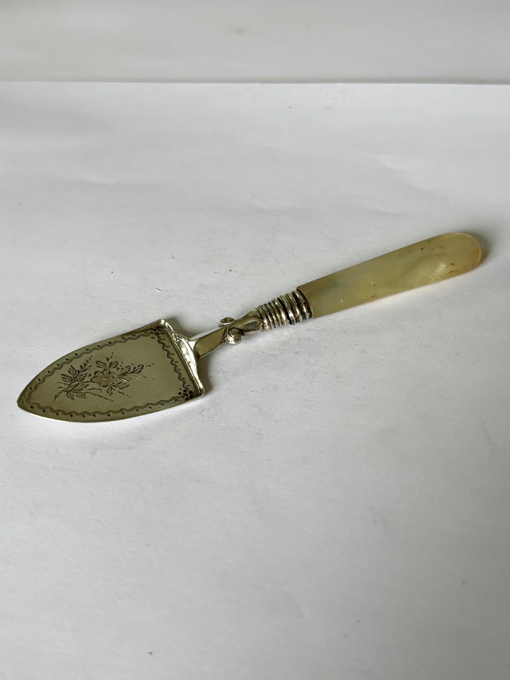 A Victorian sterling silver butter spade featuring an engraved floral blade and a smooth mother-of-pearl handle.