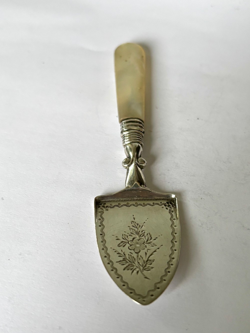 A Victorian sterling silver butter spade featuring an engraved floral blade and a smooth mother-of-pearl handle. View V