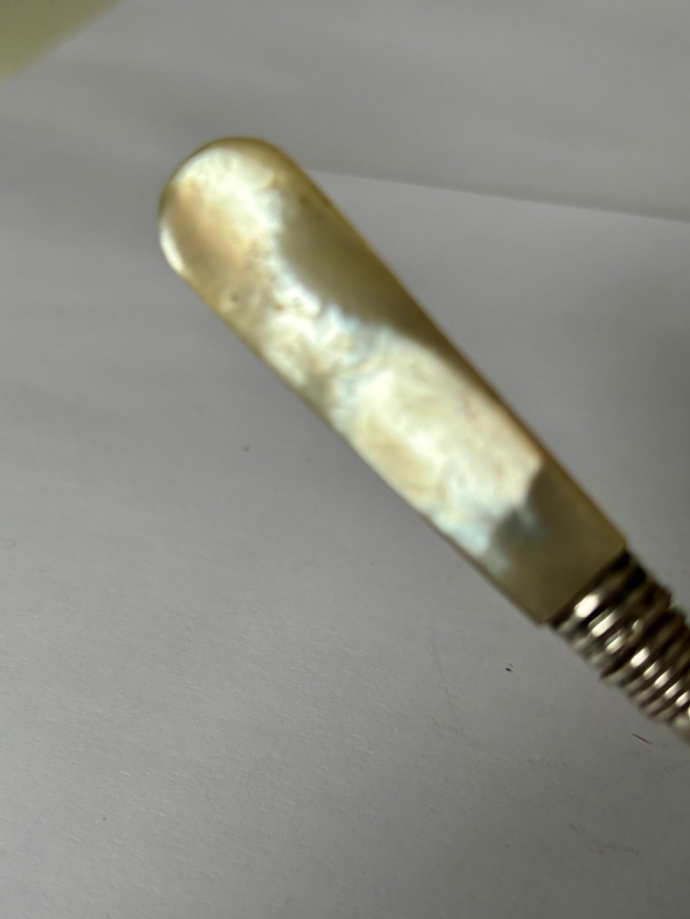 A Victorian sterling silver butter spade featuring an engraved floral blade and a smooth mother-of-pearl handle. View VI
