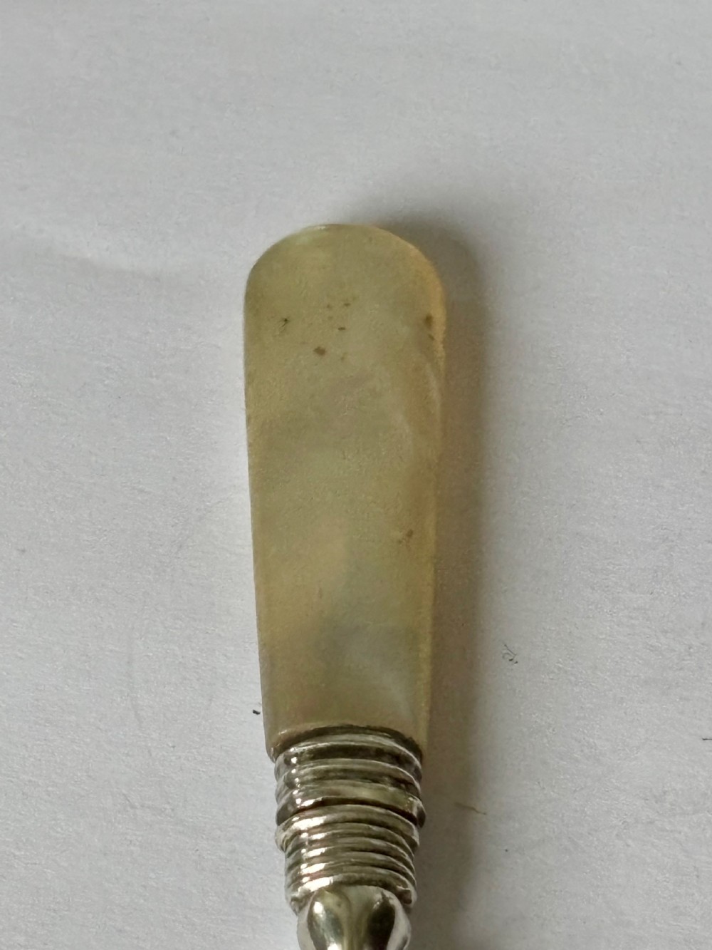 A Victorian sterling silver butter spade featuring an engraved floral blade and a smooth mother-of-pearl handle. View VIII