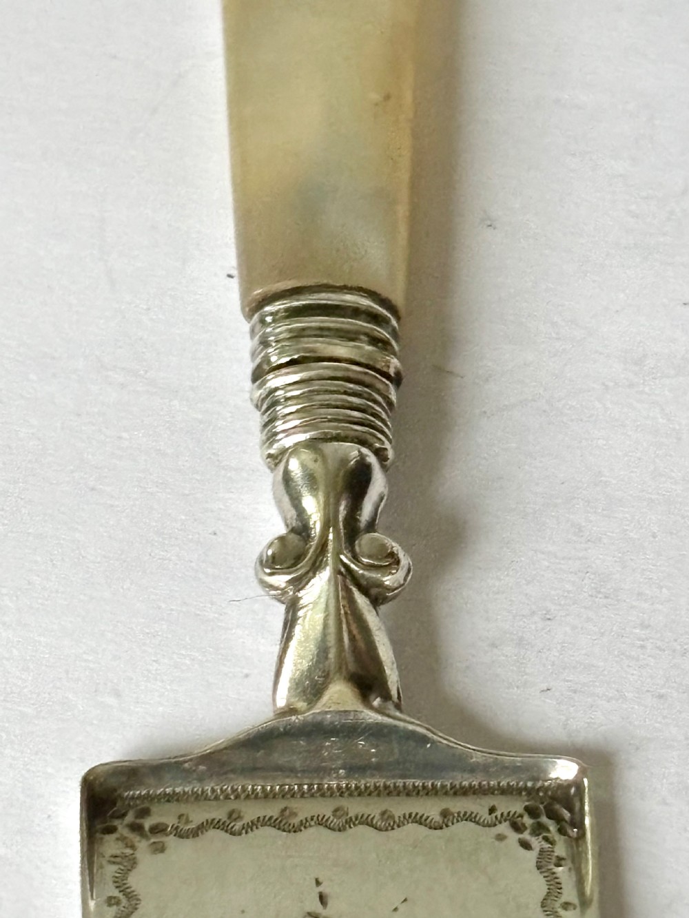 A Victorian sterling silver butter spade featuring an engraved floral blade and a smooth mother-of-pearl handle. View IX