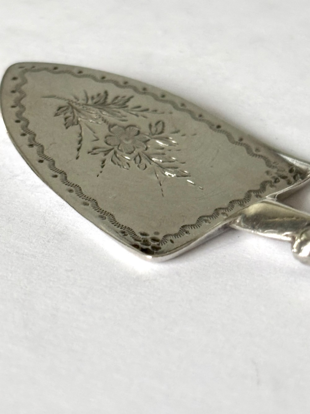 A Victorian sterling silver butter spade featuring an engraved floral blade and a smooth mother-of-pearl handle. View X