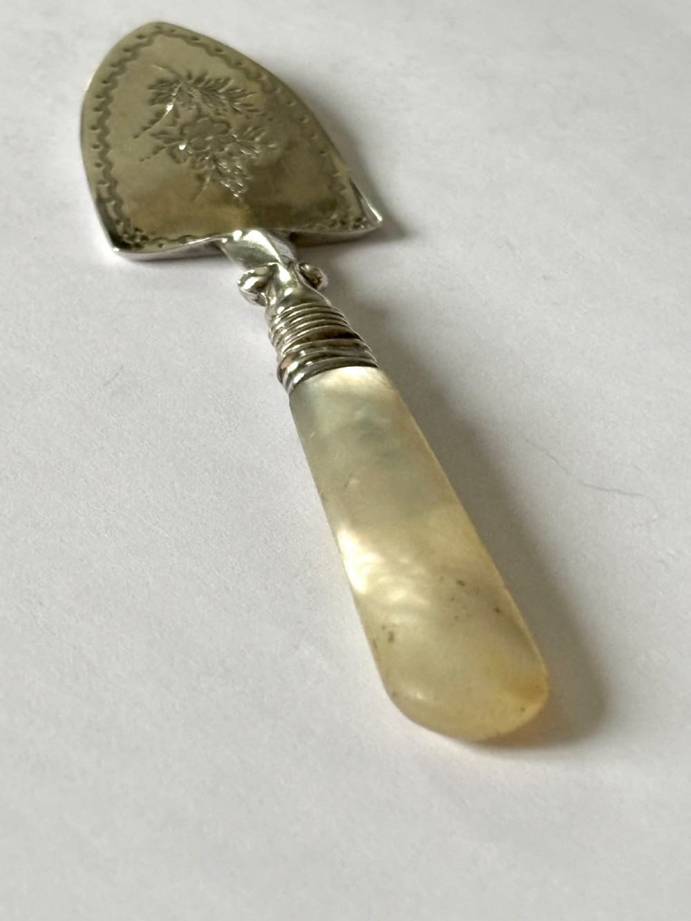 A Victorian sterling silver butter spade featuring an engraved floral blade and a smooth mother-of-pearl handle. View XI