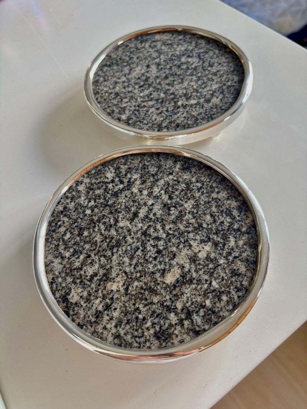 Antique Pair Sterling Silver Mounted Granite Coasters Trivets BARKER BROS 1937 View II