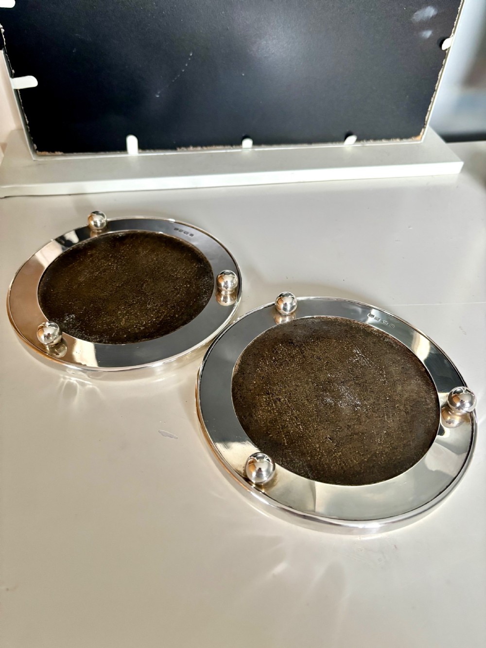 Antique Pair Sterling Silver Mounted Granite Coasters Trivets BARKER BROS 1937 View IV