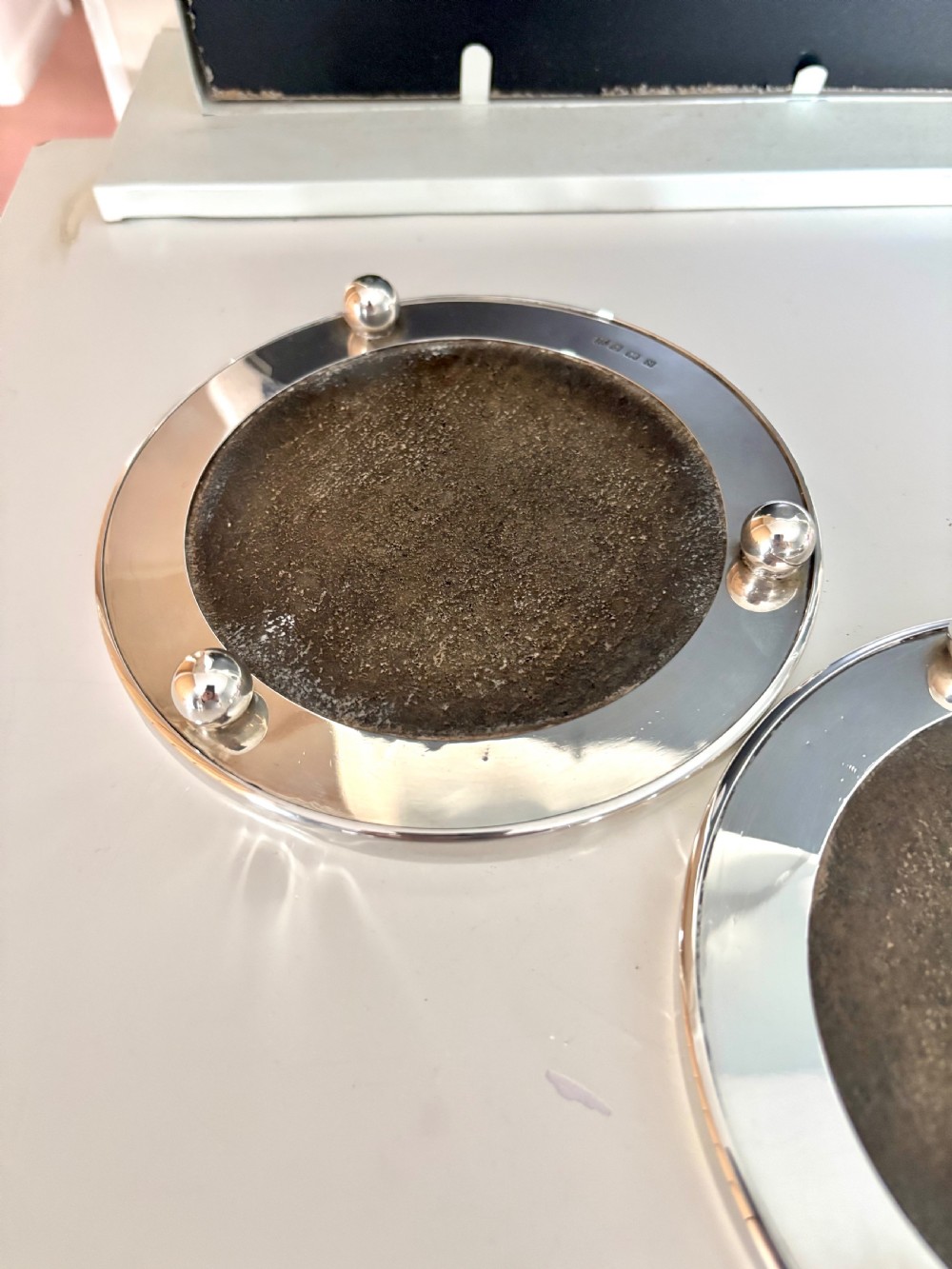 Antique Pair Sterling Silver Mounted Granite Coasters Trivets BARKER BROS 1937 View V
