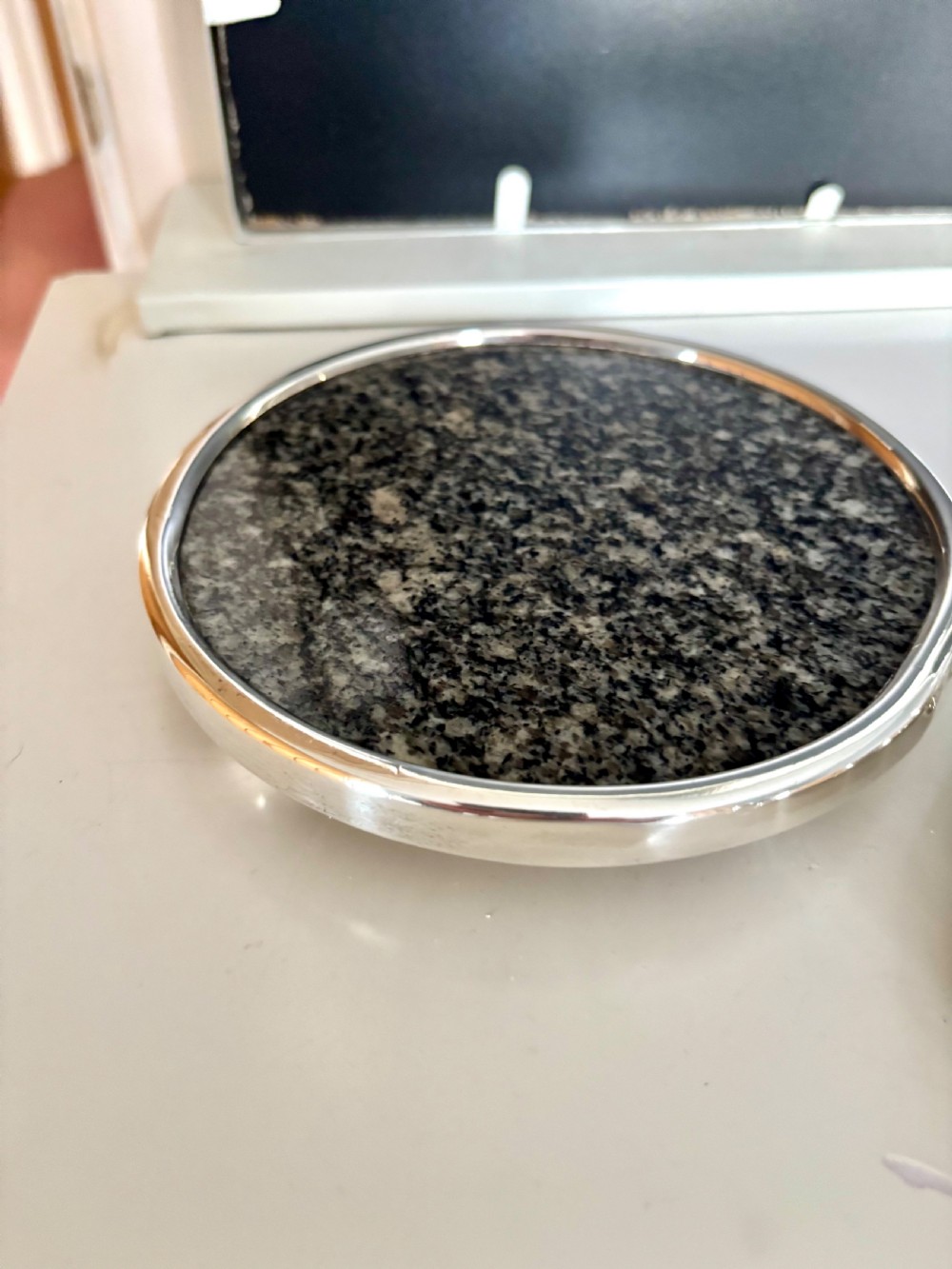 Antique Pair Sterling Silver Mounted Granite Coasters Trivets BARKER BROS 1937 View VII