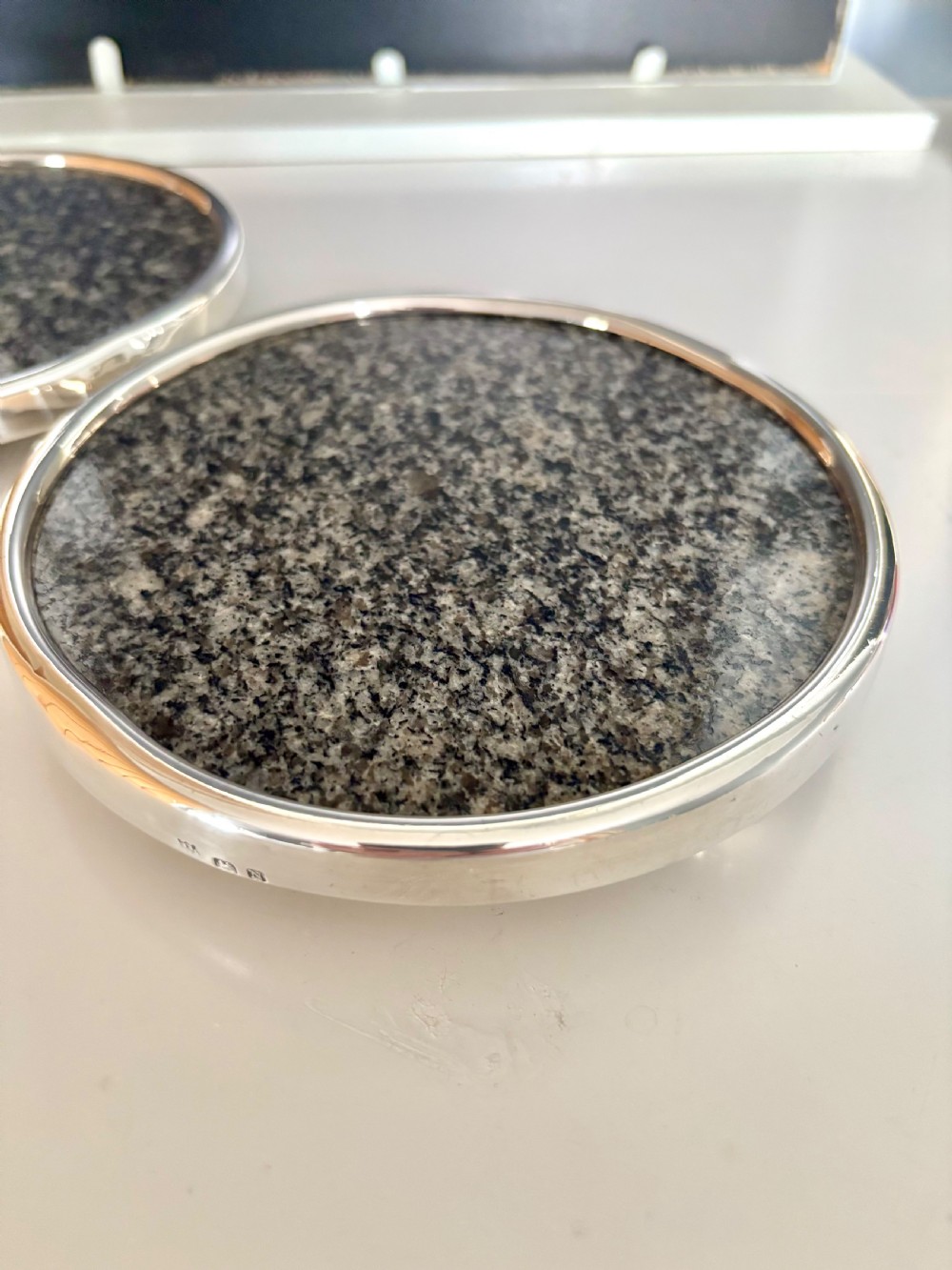 Antique Pair Sterling Silver Mounted Granite Coasters Trivets BARKER BROS 1937 View VIII