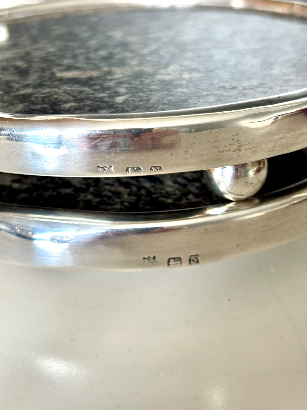 Antique Pair Sterling Silver Mounted Granite Coasters Trivets BARKER BROS 1937 View XIII