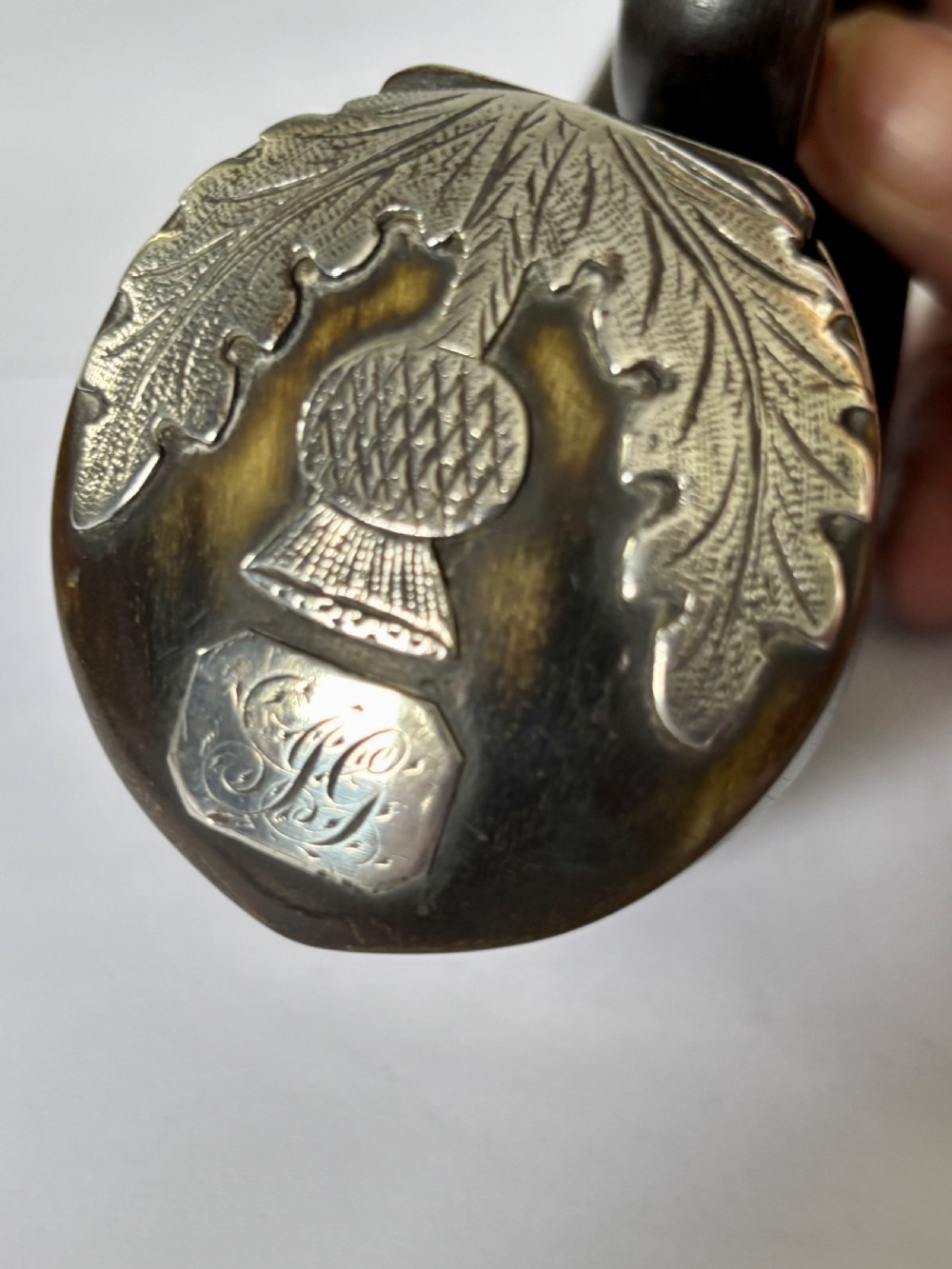 Antique Scottish Silver Mounted Rams Horn Snuff Mull Thistle Design View III