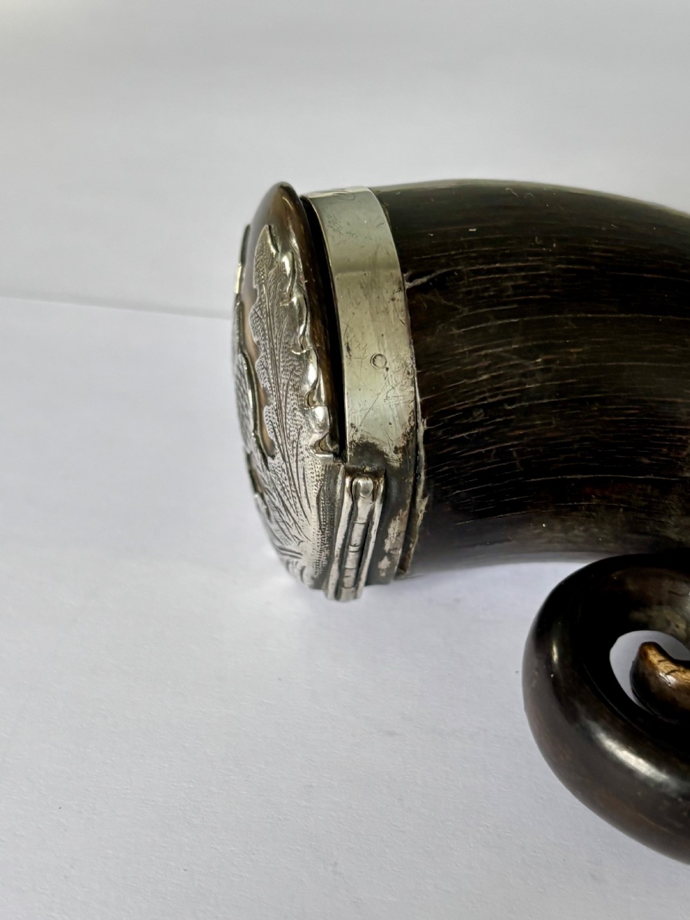Antique Scottish Silver Mounted Rams Horn Snuff Mull Thistle Design View IV
