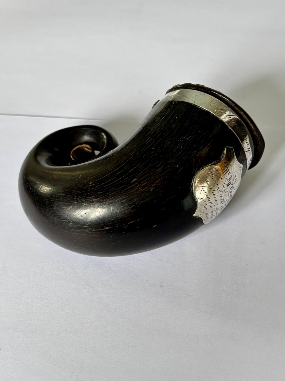 Antique Scottish Silver Mounted Rams Horn Snuff Mull Thistle Design View VI
