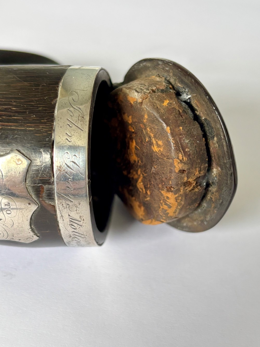 Antique Scottish Silver Mounted Rams Horn Snuff Mull Thistle Design View IX