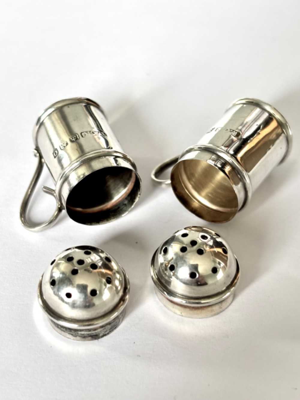Pair of Novelty Silver Pepperettes Flour Shakers 1913 Wilfred Chidlaw Griffiths