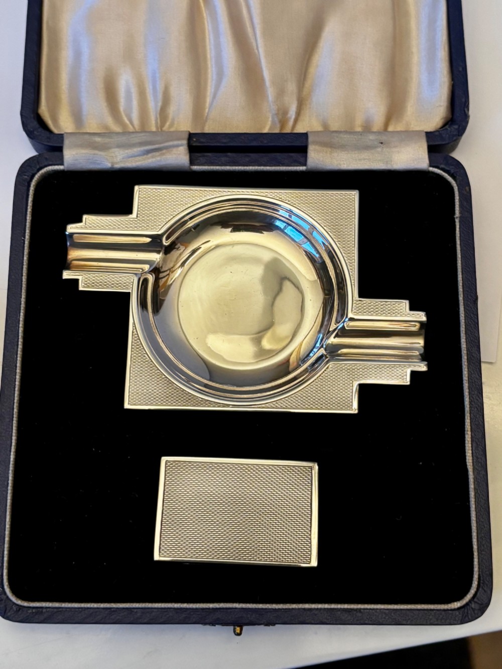 ART DECO Silver Ashtray & Vesta Matchbox Holder TURNER SIMPSON 1937 Fitted Case