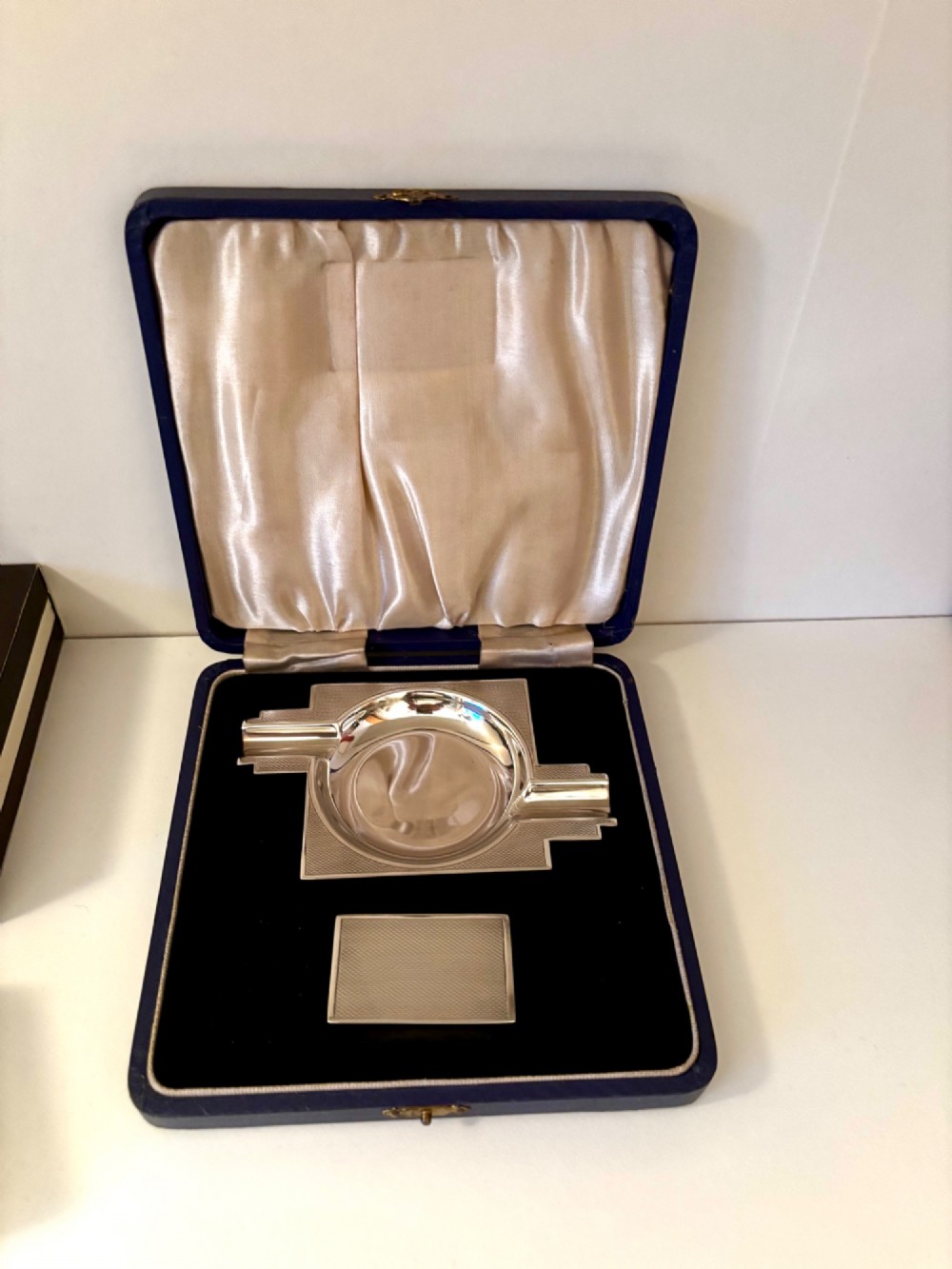 ART DECO Silver Ashtray & Vesta Matchbox Holder TURNER SIMPSON 1937 Fitted Case View II