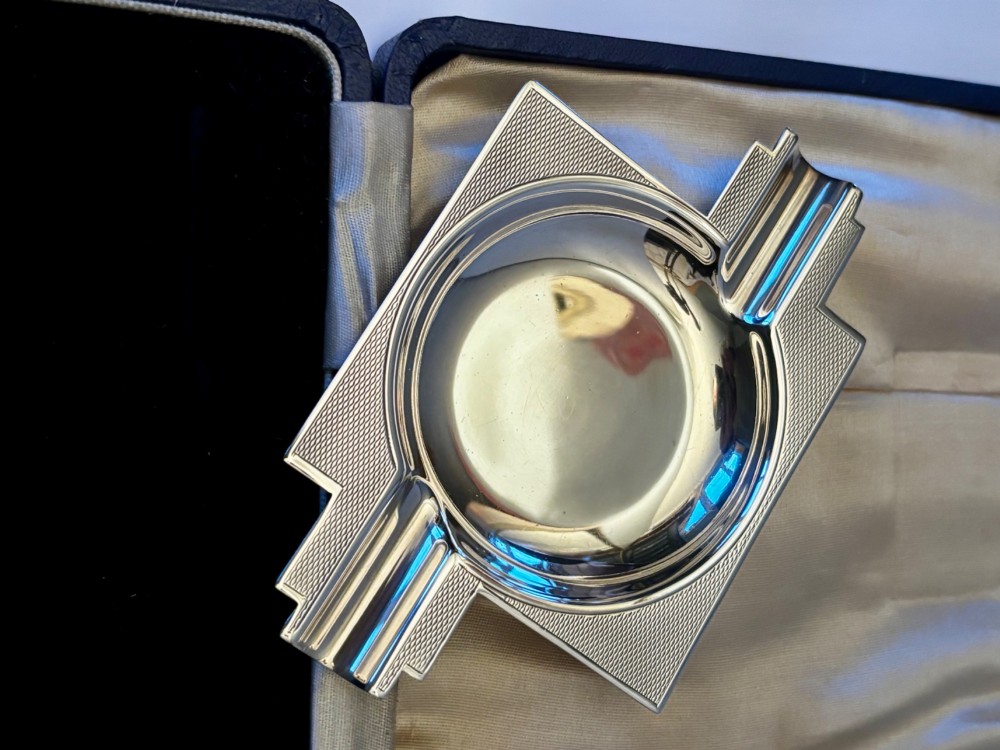 ART DECO Silver Ashtray & Vesta Matchbox Holder TURNER SIMPSON 1937 Fitted Case View III