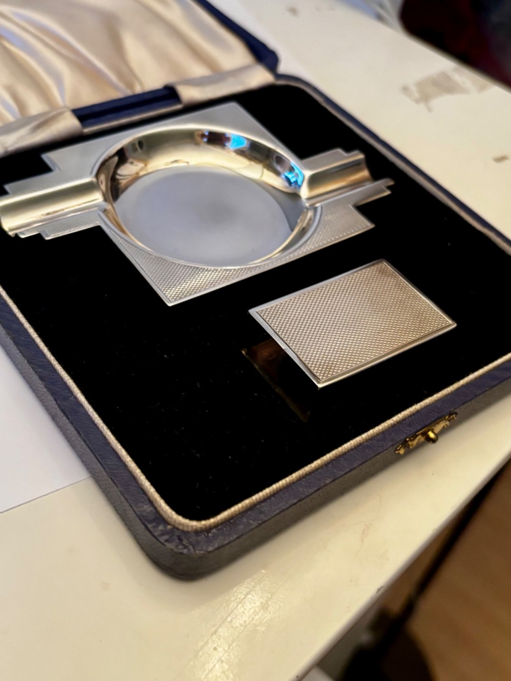 ART DECO Silver Ashtray & Vesta Matchbox Holder TURNER SIMPSON 1937 Fitted Case View X