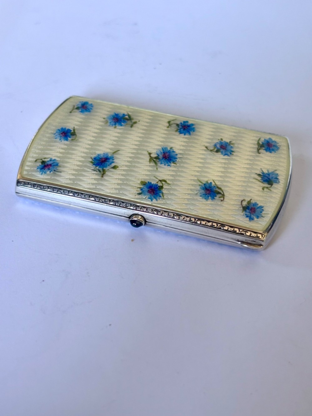Antique Silver Gilt Guilloche Enamel Cigarette Cheroot Case CORN FLOWERS 1905