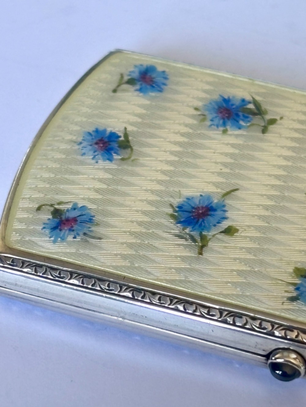Antique Silver Gilt Guilloche Enamel Cigarette Cheroot Case CORN FLOWERS 1905 View II