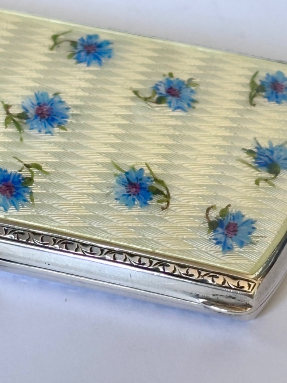Antique Silver Gilt Guilloche Enamel Cigarette Cheroot Case CORN FLOWERS 1905 View III