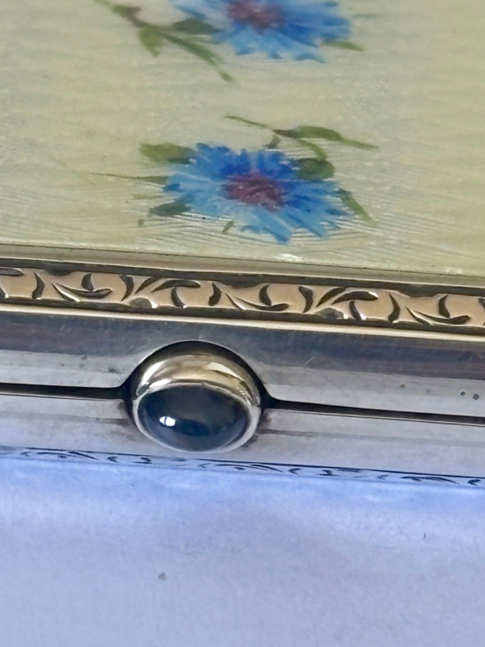 Antique Silver Gilt Guilloche Enamel Cigarette Cheroot Case CORN FLOWERS 1905 View IV