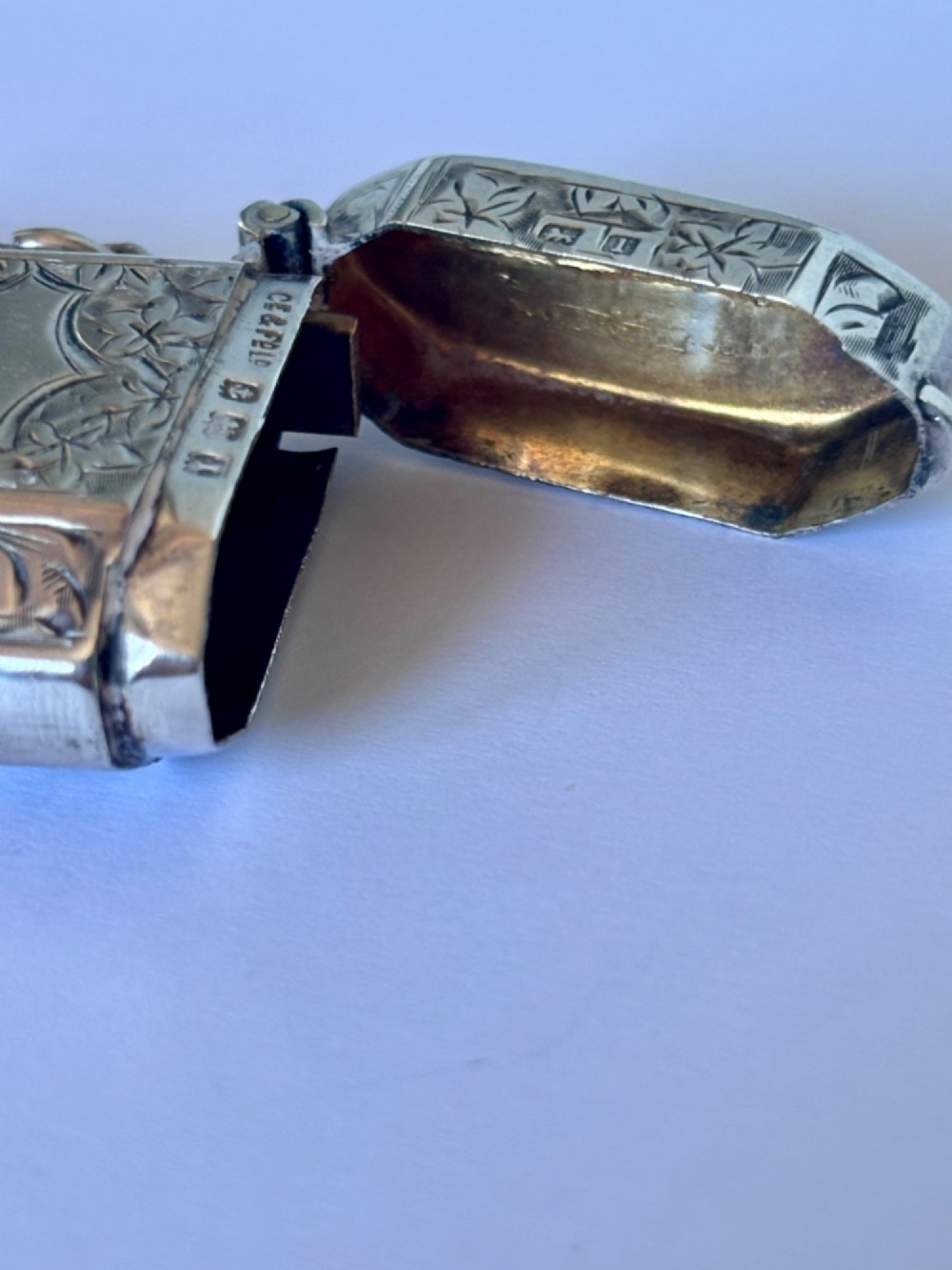An engraved sterling silver vesta case featuring leaf motifs, a central vacant cartouche, a side suspension loop, and a base striker edge. View IX