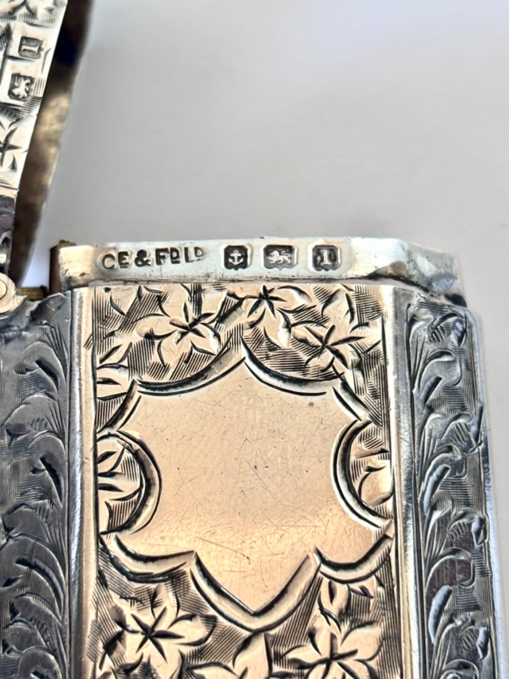 An engraved sterling silver vesta case featuring leaf motifs, a central vacant cartouche, a side suspension loop, and a base striker edge. View XI