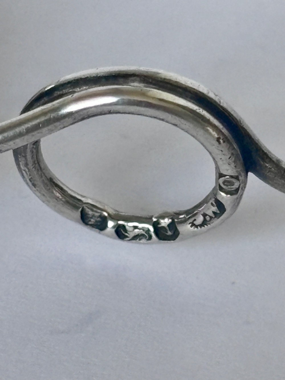 A George III sterling silver caddy spoon fashioned as a vine leaf with an embossed grape cluster and a wire loop handle. View VIII