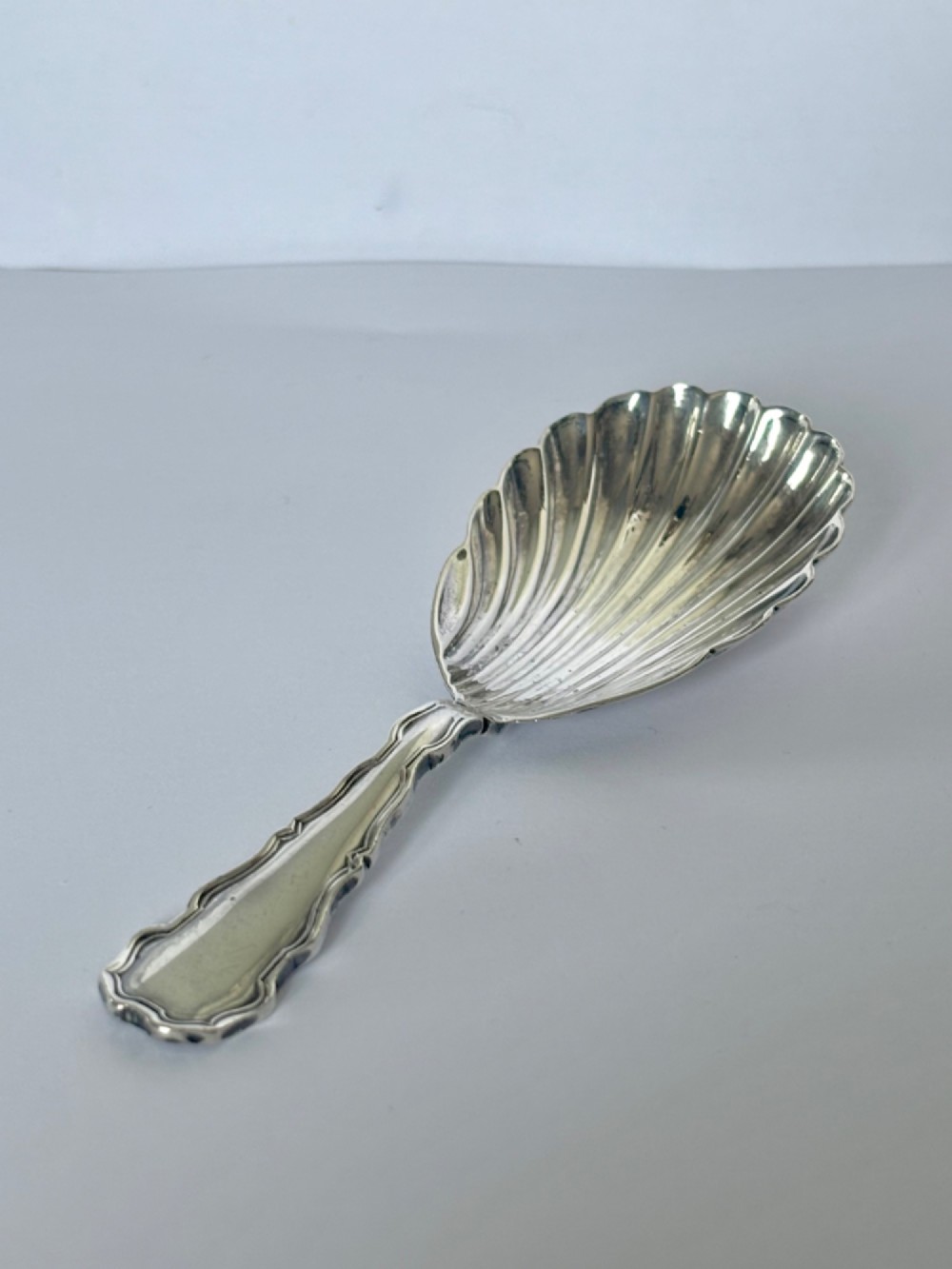 A sterling silver tea caddy spoon featuring a fluted shell-shaped bowl and a contoured decorative handle. View II