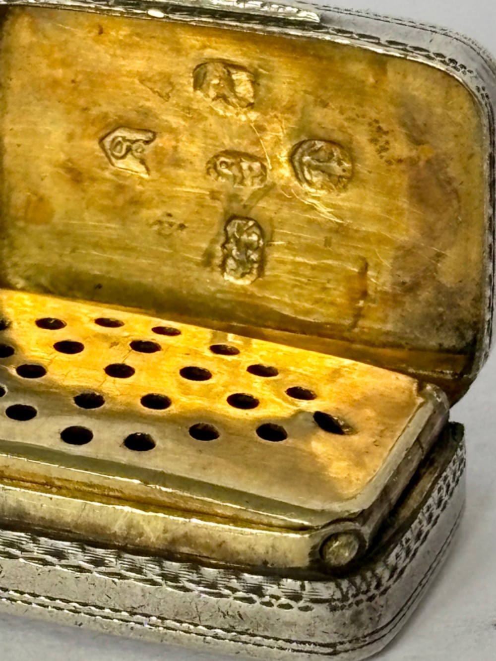 A small rectangular Georgian silver vinaigrette featuring intricate floral engraving, textured background patterns, and an attached suspension ring. View IX