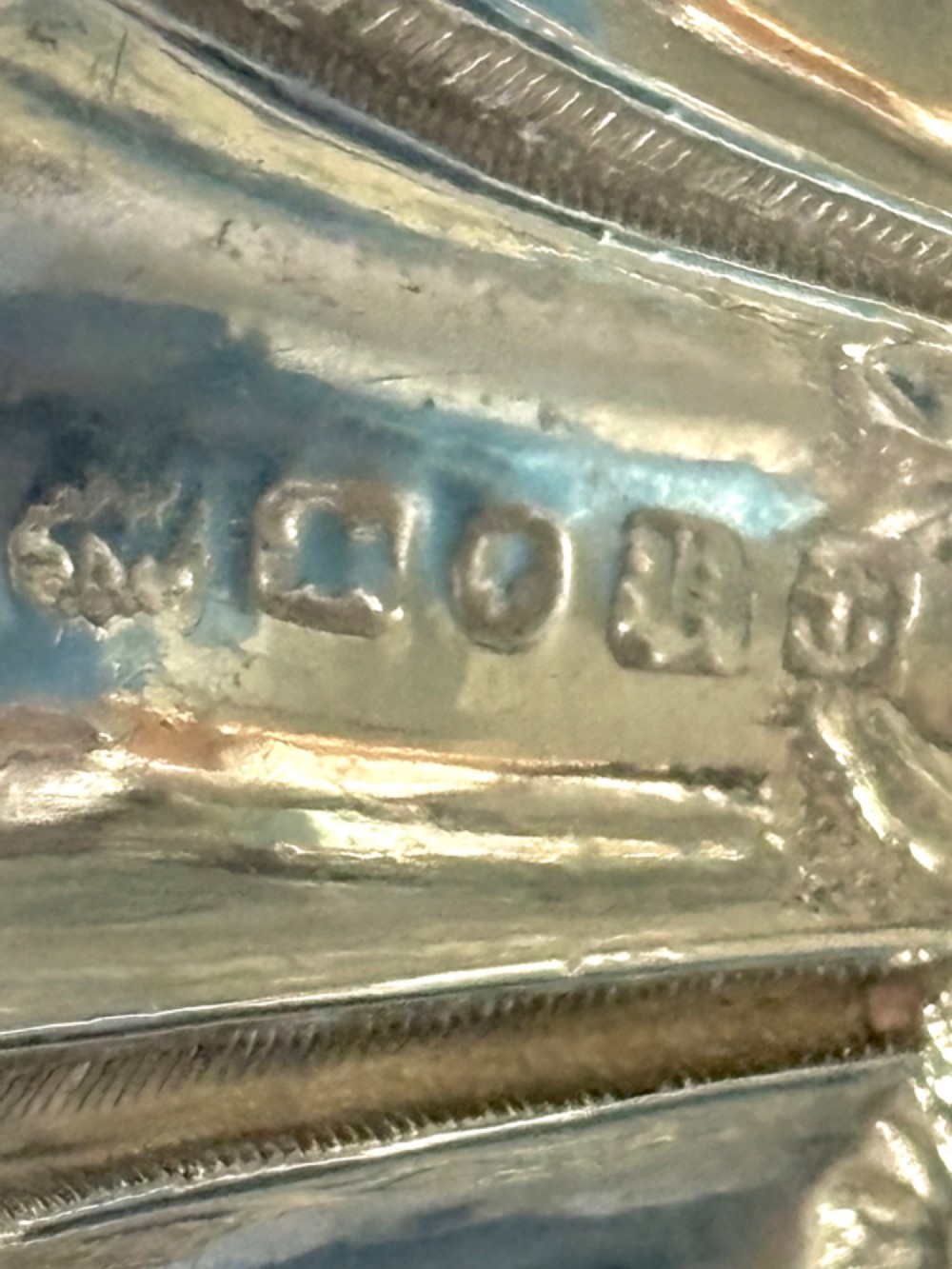 A Victorian sterling silver tea caddy spoon featuring a fluted shell-shaped bowl with embossed floral detailing and a hallmarked handle. View VII