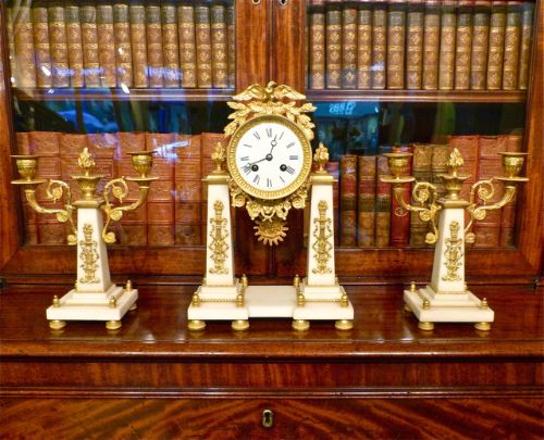 Fine French White Marble & Ormolu Clock Set