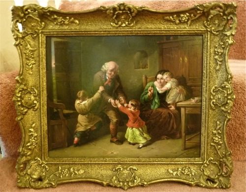 "Grandfather's Visit": A Charming Oil on Board