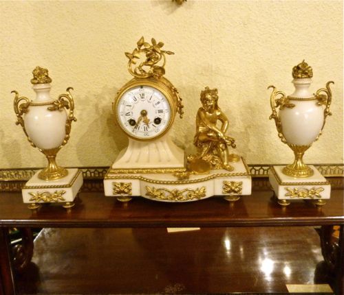 French Marble & Ormolu 3-Piece Clock Set
