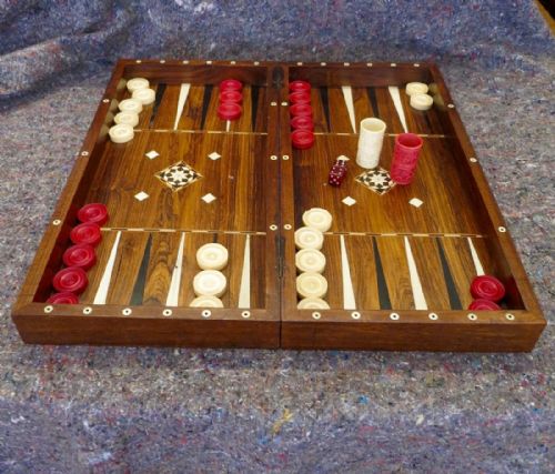 Large Inlaid Backgammon Set ~ Ivory Pieces