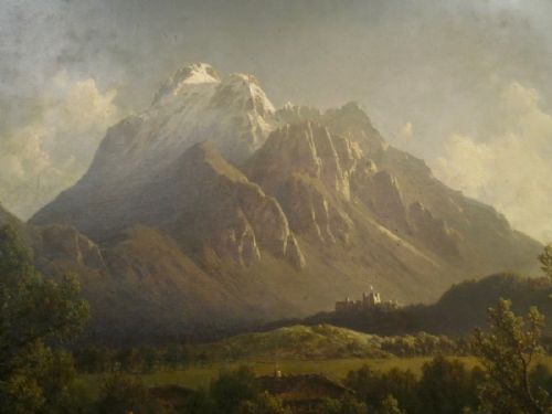 fig 1. LARGE IMPRESSIVE GERMAN OIL OF ALPINE SCENE