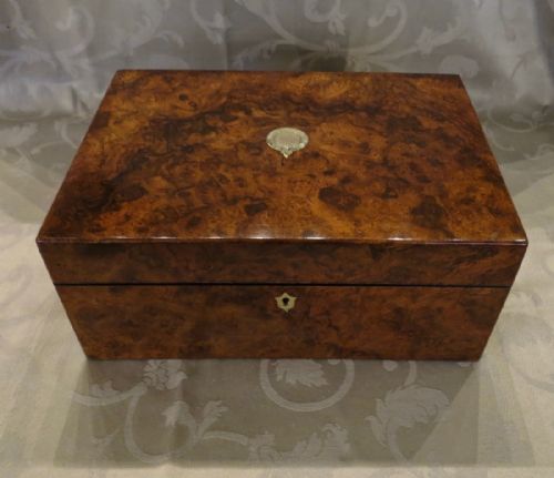 fig 1. FULLY FITTED BURR WALNUT SEWING BOX